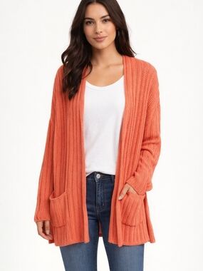 American Eagle Coral Knit Open Cardigan | Cozy Ribbed Sweater w/ Pockets
